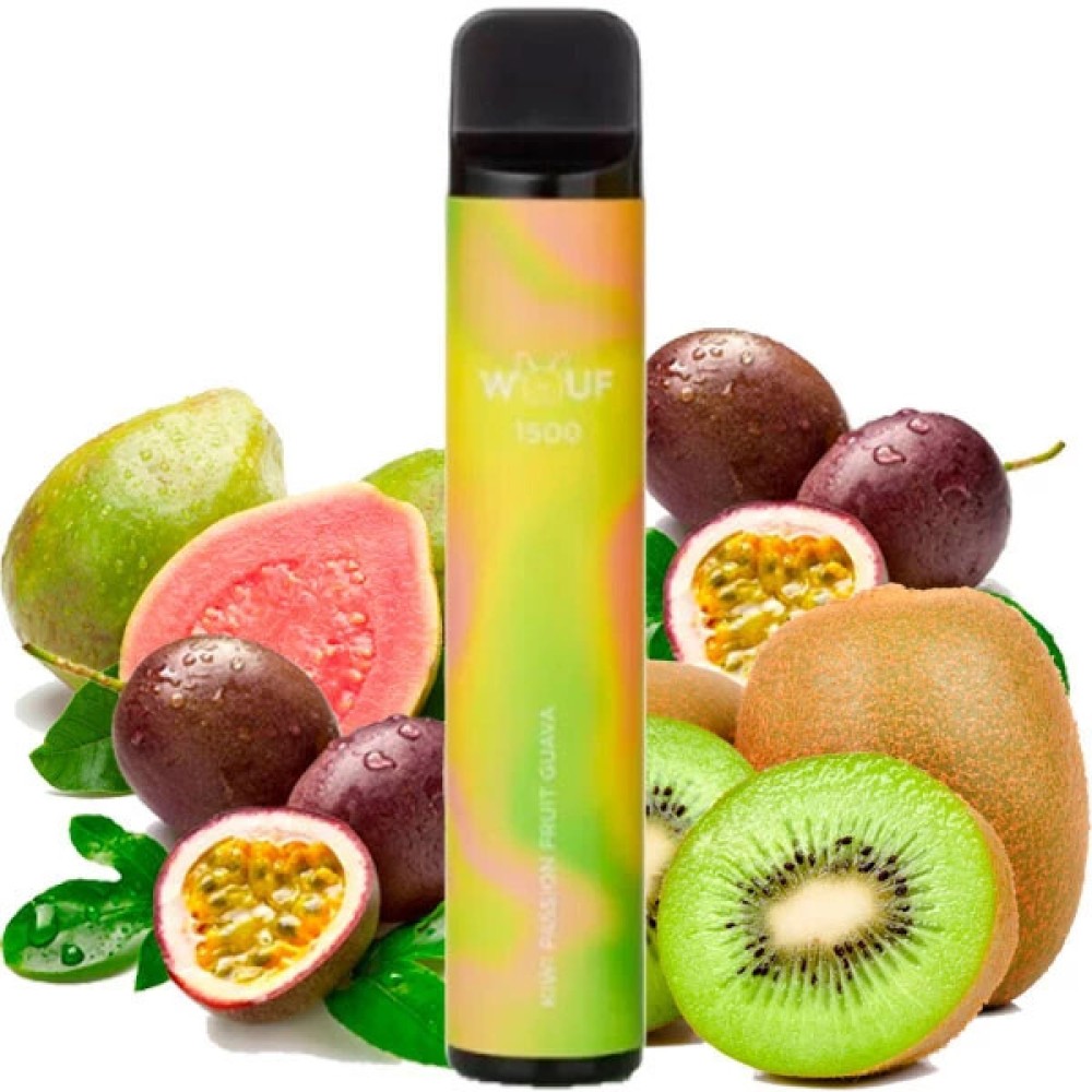 Jednorazowy papieros elektroniczny Wouf Kiwi Passion Fruit Guava (Kiwi Marcuya Guava) (1500 zaciągnięć)